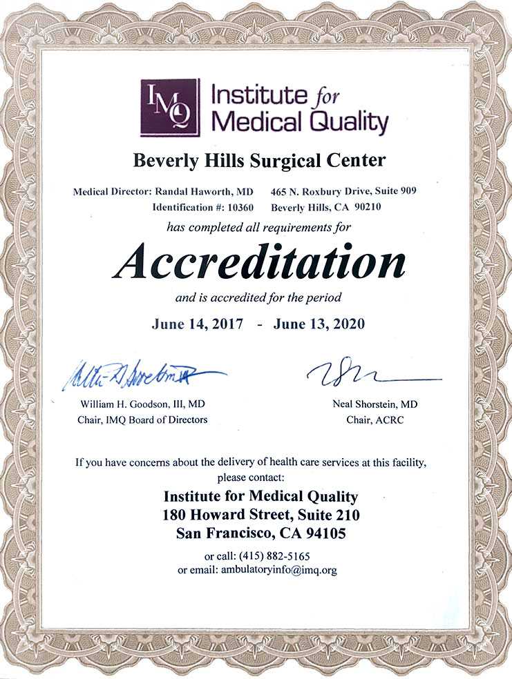 Accreditation certificate for Dr. Randal Haworth, Beverly Hills plastic surgeon