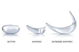 Custom chin implants in three styles—Button, Anatomic, and Extended Anatomic (Boomerang)—displayed side by side on a white background, used for tailored jawline contouring and improved facial proportions.