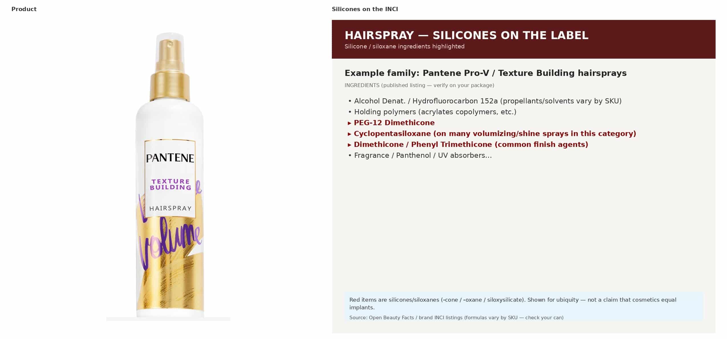 Pantene Texture Building Hairspray bottle beside an ingredient callout highlighting PEG-12 dimethicone and related silicones
